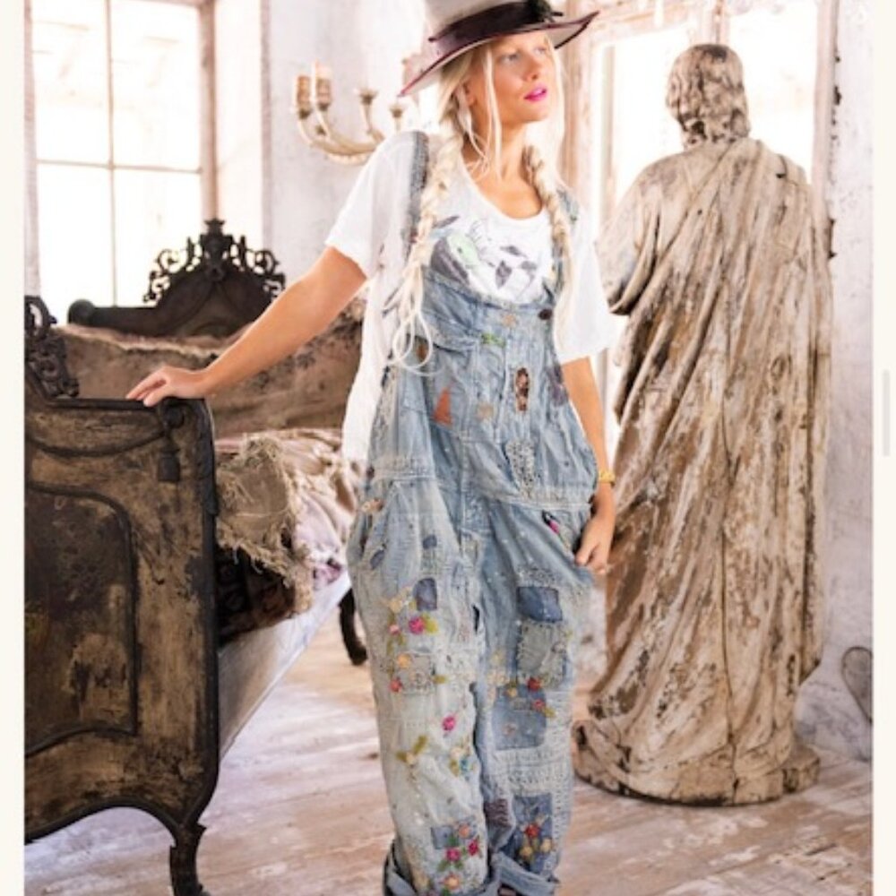 Magnolia Pearl Light Blue Patchwork Embroidered Denim Overalls Benjamins